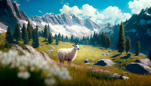 Panoramic View Of Beautiful Landscape In The Alps With Fresh Green Meadows And Blooming Flowers And Snow-capped Mountain Tops In The Background On A Sunny Day With Blue Sky And Clouds In Springtime