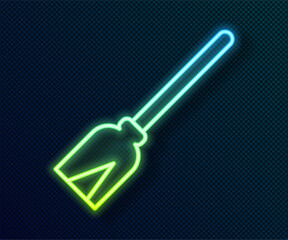 Sticker - Glowing neon line Handle broom icon isolated on black background. Cleaning service concept. Vector