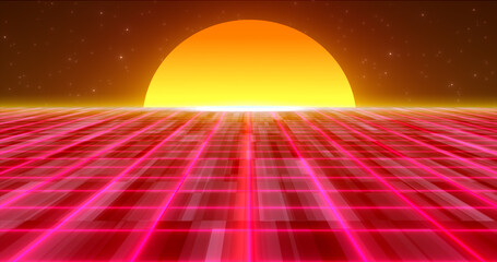 Wall Mural - Abstract red glowing neon laser grid retro futuristic high tech from 80s, 90s with energy lines on surface and horizon with sun, abstract background