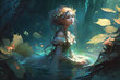 Beautiful young fairytale nymph girl in natural dress in sacred river with water lilies and trees. Fairytale story about ophelia. Neural network AI generated art