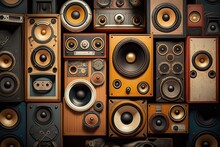Retro Vintage Style Music Speakers Wall. Photo Generative AI