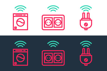 Poster - set line smart electric plug, washer and electrical outlet icon. vector