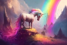 Magic Unicorn In Fantastic World With Fluffy Clouds And Fairy Meadows. Neural Network AI Generated Art
