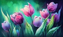  A Painting Of Purple Tulips With Green Leaves On A Black Background With A Green Glow In The Middle Of The Image And A Green Background.  Generative Ai