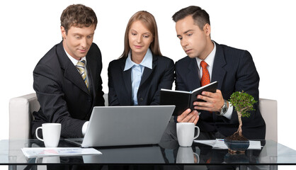 Wall Mural - Smiling happy business team  with laptop isolated on white background