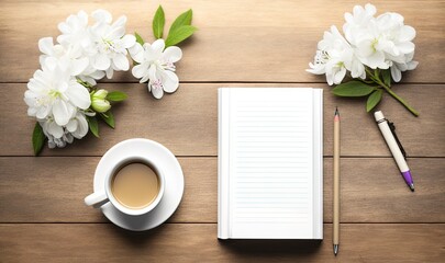 Wall Mural -  a cup of coffee and a notepad on a wooden table next to a pen and a flower arrangement with a pencil and a notepad.  generative ai