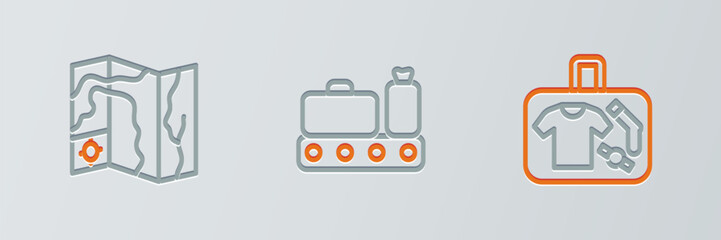 Sticker - Set line Suitcase, World travel map and Conveyor belt with suitcase icon. Vector