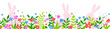 Transparent background with Easter bunnies hidden in flower meadow. Banner. PNG illustration