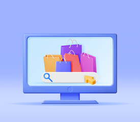 Poster - 3D Computer with Shopping Bag Isolated. Render Realistic Gift Bag and Monitor. Sale, Discount or Clearance Concept. Online or Retail Shopping Symbol. Fashion Handbag. Vector Illustration