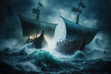 Viking Ships Fighting The Storm. Wooden Boats Of The Vikings Setting Out To Conquer. Generative Ai.