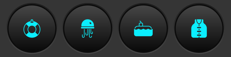 Sticker - Set Lifebuoy, Jellyfish, Submarine and jacket icon. Vector