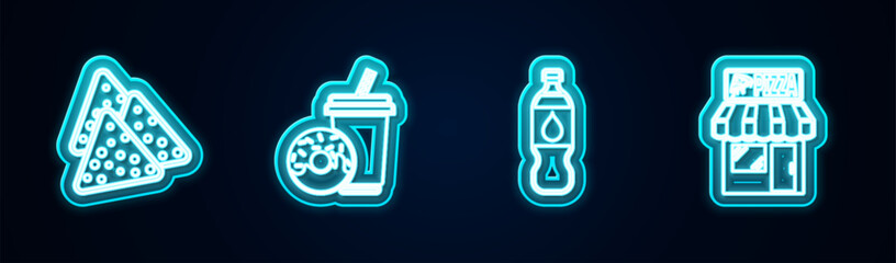 Sticker - Set line Nachos, Soda drink with donut, Bottle of water and Pizzeria building facade. Glowing neon icon. Vector