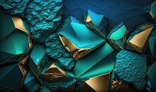  A Blue And Gold Abstract Wallpaper With A Large Amount Of Gold And Blue Shapes On It's Surface And A Blue Wall Behind It.  Generative Ai