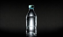  A Bottle Of Water With A Green Cap On A Black Background With A Reflection Of The Bottle In The Water And The Bottom Half Of The Bottle Is Empty.  Generative Ai