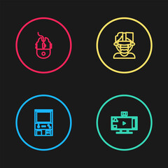 Poster - set line retro arcade game machine, live streaming online, virtual reality glasses and computer mous