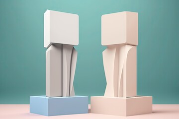 Poster - two empty, white podiums are set against a beige background in this abstract illustration. prototype