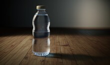  A Bottle Of Water Sitting On A Wooden Floor With A Shadow On The Floor And A Light Shining On The Floor Behind The Water Bottle.  Generative Ai