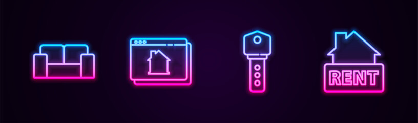 Canvas Print - Set line Sofa, Online real estate house, House key and Hanging sign with Rent. Glowing neon icon. Vector