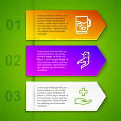 Sticker - Set line Cup of tea and leaf, Ginger root, Cross hospital medical and Ointment cream tube. Business infographic template. Vector