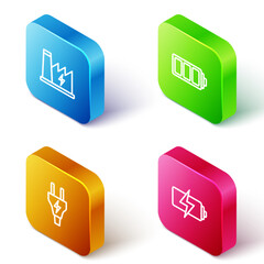 Poster - set isometric line nuclear power plant, battery, electric plug and icon. vector