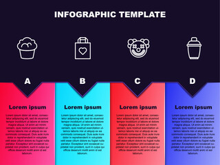 Sticker - Set line Muffin, Shopping bag with heart, Clown head and Cocktail shaker. Business infographic template. Vector