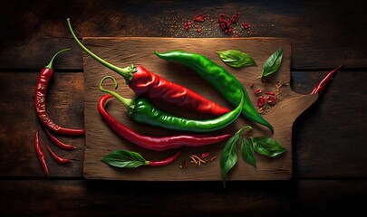 Wall Mural -  a cutting board topped with three red and green chili peppers next to green leaves and pepper seeds on top of a wooden table with a knife.  generative ai