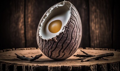 Wall Mural -  an egg shell with an egg in it on a wooden table with wood grains and a dark background with a wooden grained surface.  generative ai