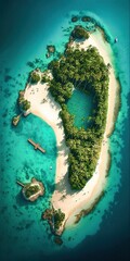 Wall Mural - beautiful small tropical island aerial view surrounded by ocean, generative AI