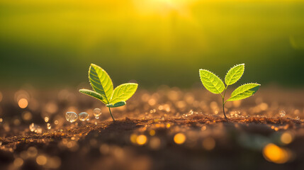 Wall Mural - The first young green little sprouts of plants in the dew grow from the ground at dawn in the sunlight on a spring morning. Close up, macro. The concept of the origin of life. Generative AI.