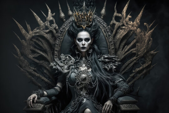 dark queen of the underworld on a throne of bones, generative ai