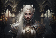 Fantasy Warrior Queen With White Hair And Intricate Armor Standing In Front Of A Dark Castle, Generative Ai