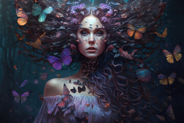 Fluttering Fantasy surreal portrait of a woman with a crown of butterflies and a flowing dress, generative ai