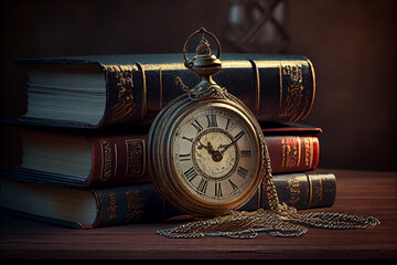 Poster - antique pocket watch and books