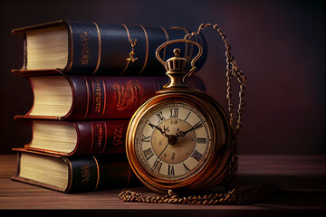 Poster - antique pocket watch and books