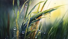  A Painting Of Grass With Water Droplets On It's Leaves And Grass In The Foreground, With Sunlight Shining Through The Grass And Water Droplets On The Grass.  Generative Ai