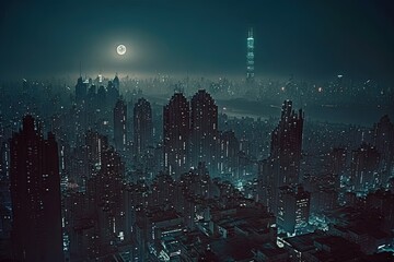  a city at night with a full moon in the sky and a full moon in the sky above the city at night, with a full moon in the distance.  generative ai