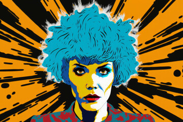 Wall Mural - Pop Art-Inspired portrait of a Woman with Electric Blue Hair and a Bold Outfit, generative ai