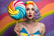 Portrait of a young woman with rainbow hair, wearing a purple and yellow sundress and holding a giant lollipop, generative ai