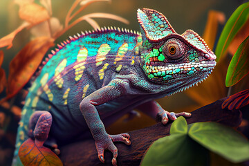 Poster - Beautiful photo chameleon, natural background. Generative AI technology.