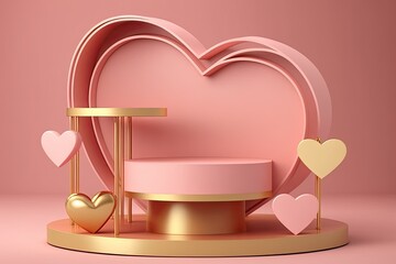 Poster - Display podium for a pink product, set against a pink background, with a pink heart shaped ribbon winding around the pedestal. Valentine's Day Modern Minimalist Mockup, Product Presentation Podium Dis
