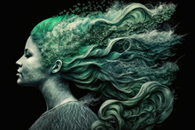 Surreal Portrait Of A Woman With Green Hair And A Mermaid Tail, Set Against A Black Background With Ocean Waves, Generative Ai