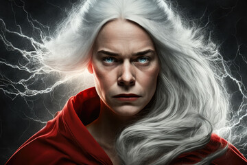 Surreal portrait of a woman with long white hair, wearing a red cape, set against a black background with lightning bolts, generative ai