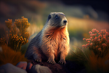 Poster - Beautiful photo marmot, natural background. Generative AI technology.
