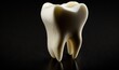  a tooth model on a black surface with a reflection on the floor of the tooth and a black background with a reflection on the floor of the tooth.  generative ai