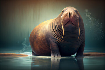 Poster - Beautiful photo walrus, natural background. Generative AI technology.
