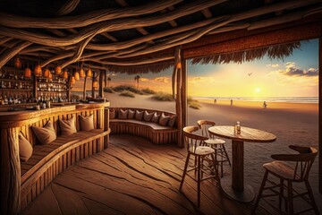 Wall Mural - Wooden bar interior by the beach, wooden restaurant overlooking the sea at sunset, Generative AI