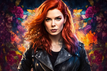 Wall Mural - Wild and vibrant portrait of a young woman with fiery red hair, wearing a black leather jacket and a vibrant floral skirt, generative ai