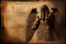 Ancient Sumerian Text Superimposed On Papyrus Texture And A Winged Statue Of Lamassu, Mythical Assyrian Deity. Historical Background On Theme Of Assyria
