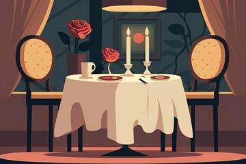 Canvas Print - Dinner for two as a metaphor for St. Valentine's Day or a romantic evening. The setting a Valentine's Day or proposal. An up close look of a couple's table setup in a restaurant. Blanket Room for Dup