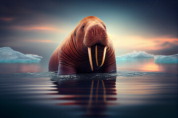 Wall Mural - Beautiful photo walrus, natural background. Generative AI technology